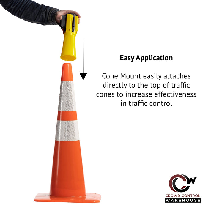 Cone - Mounted Retractable Belt Barrier, 7.5 Ft. Belt - Trafford Industrial - Crowd Control Warehouse