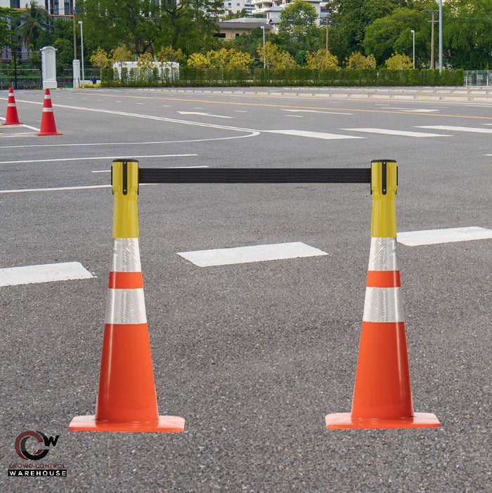 Cone - Mounted Retractable Belt Barrier, 7.5 Ft. Belt - Trafford Industrial - Crowd Control Warehouse