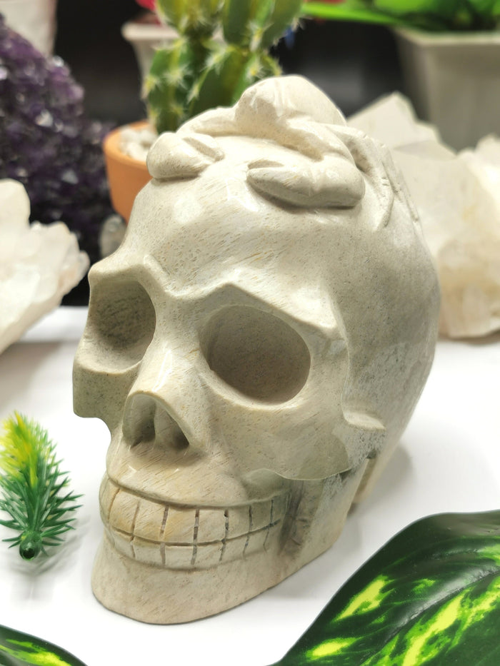 Coral Jasper Skull with Scorpion Carving on top intricately hand carved - Shwasam