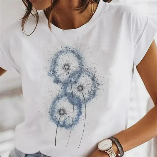 Cute Le 90s Women's T-irts Faion ort Sve round Ne Casual Fit Printed Top for Ladies Spring Season Cool Feeling