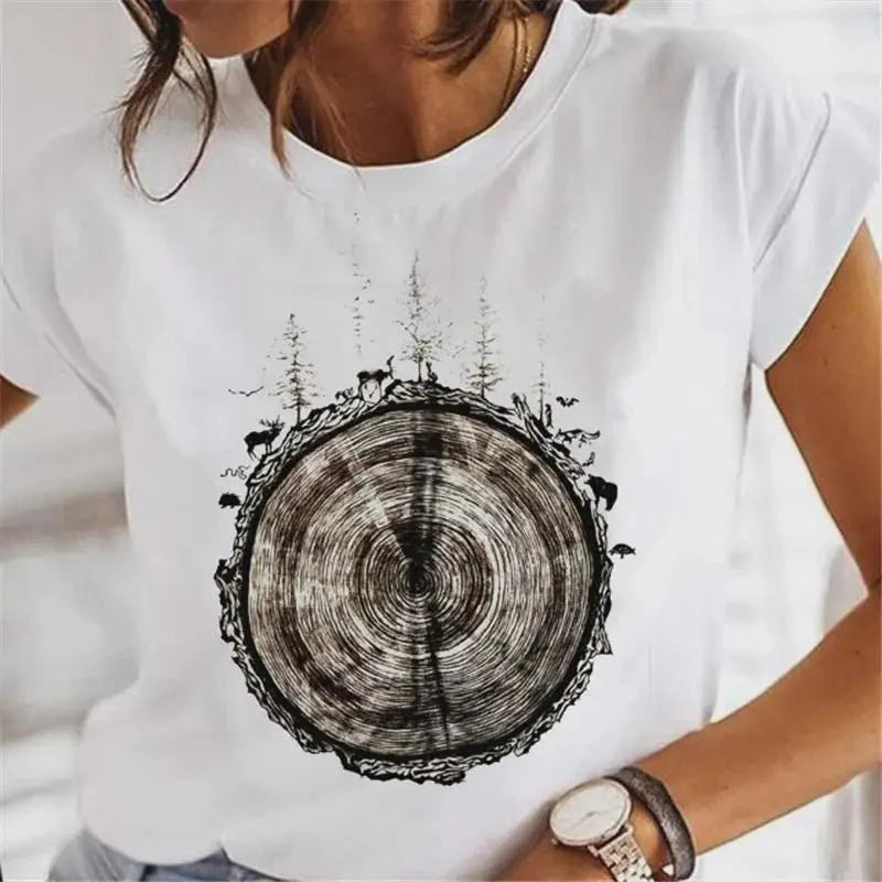 Cute Le 90s Women's T-irts Faion ort Sve round Ne Casual Fit Printed Top for Ladies Spring Season Cool Feeling
