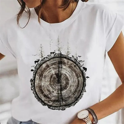 Cute Le 90s Women's T-irts Faion ort Sve round Ne Casual Fit Printed Top for Ladies Spring Season Cool Feeling