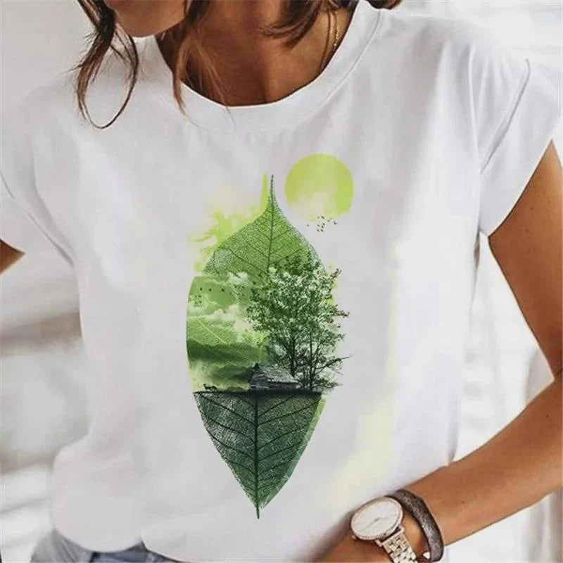 Cute Le 90s Women's T-irts Faion ort Sve round Ne Casual Fit Printed Top for Ladies Spring Season Cool Feeling
