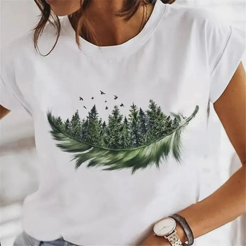 Cute Le 90s Women's T-irts Faion ort Sve round Ne Casual Fit Printed Top for Ladies Spring Season Cool Feeling