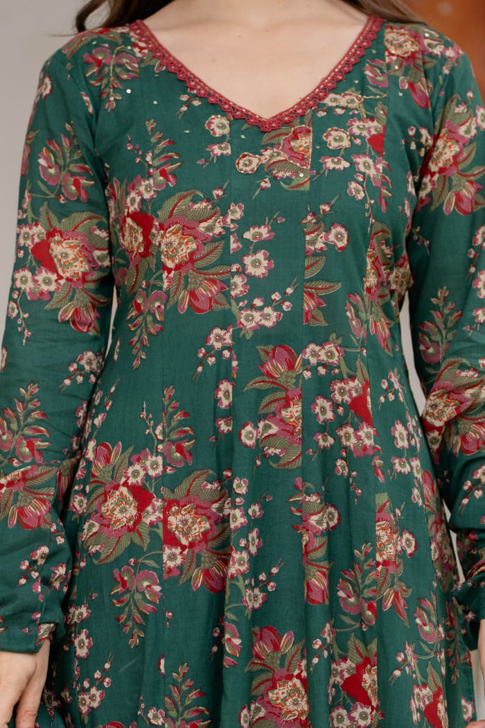 DARK GREEN FLORAL KALIDAR SUIT SET