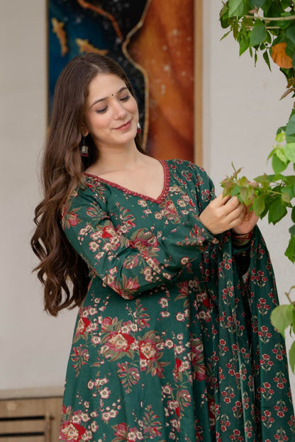 DARK GREEN FLORAL KALIDAR SUIT SET