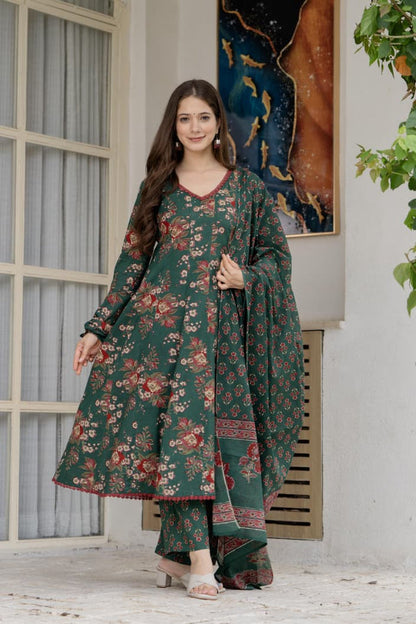 DARK GREEN FLORAL KALIDAR SUIT SET
