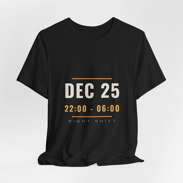 Black Dec 25 t-shirt shown draped, front print visible.