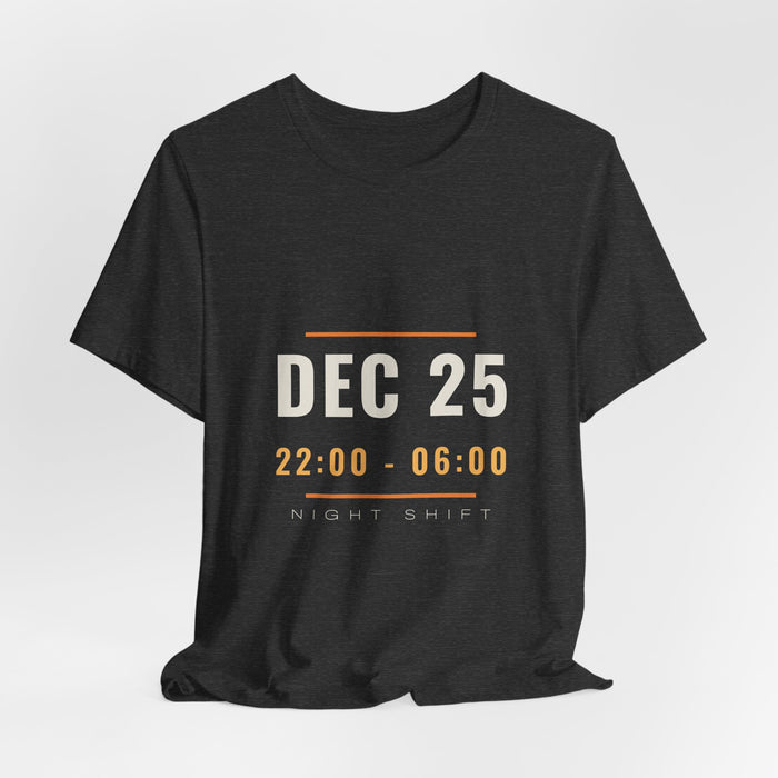 Dark grey heather Dec 25 t-shirt shown draped, front print visible.