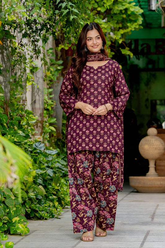 DEEP PLUM FLORAL FARSHI SUIT SET