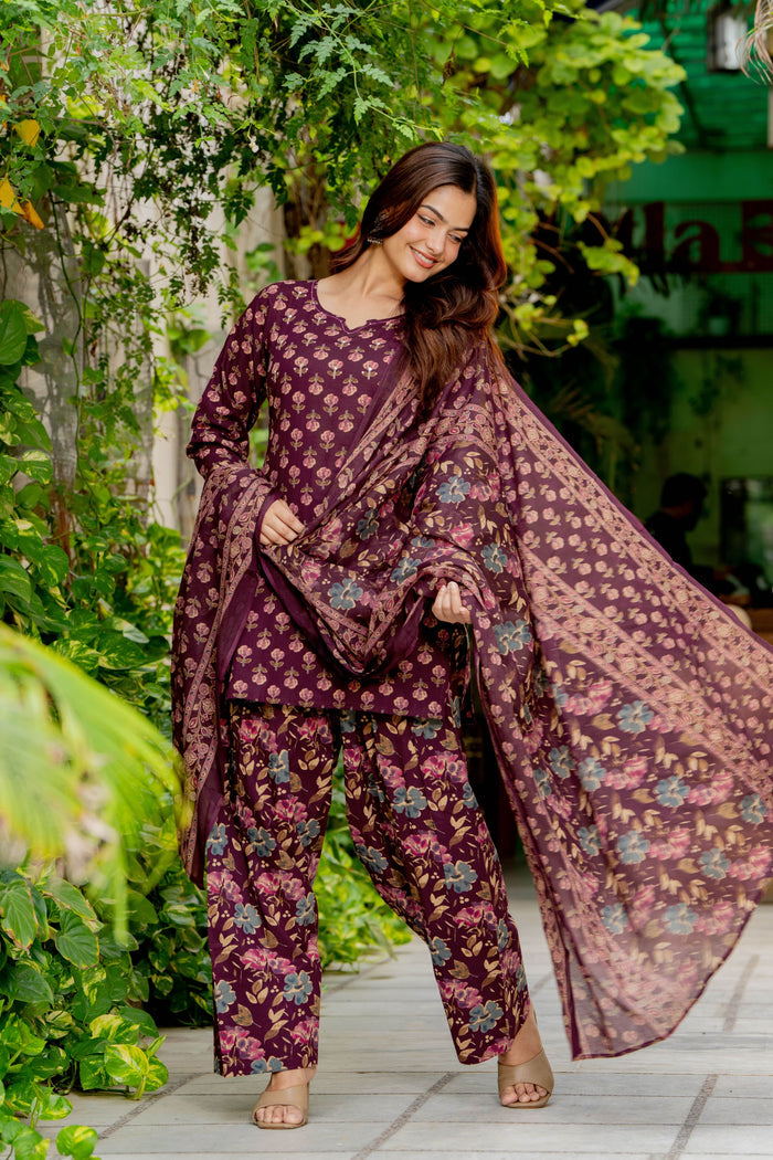 DEEP PLUM FLORAL FARSHI SUIT SET