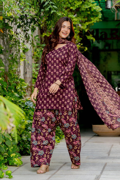 DEEP PLUM FLORAL FARSHI SUIT SET