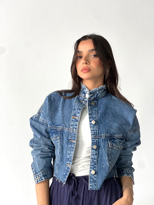 Denim Spark Cropped Jacket-Dark blue
