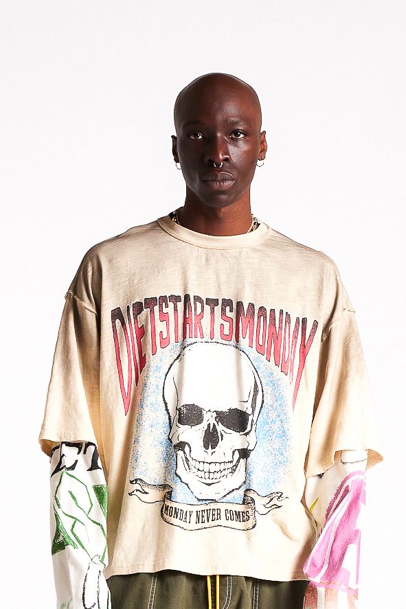Diet Starts Monday Double Layer Skull Tee - Antique White/Multi
