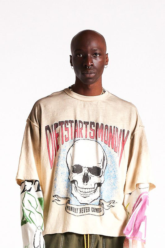 Diet Starts Monday Double Layer Skull Tee - Antique White/Multi