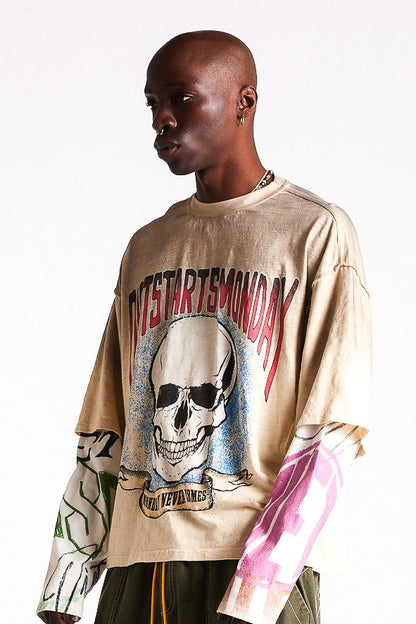 Diet Starts Monday Double Layer Skull Tee - Antique White/Multi