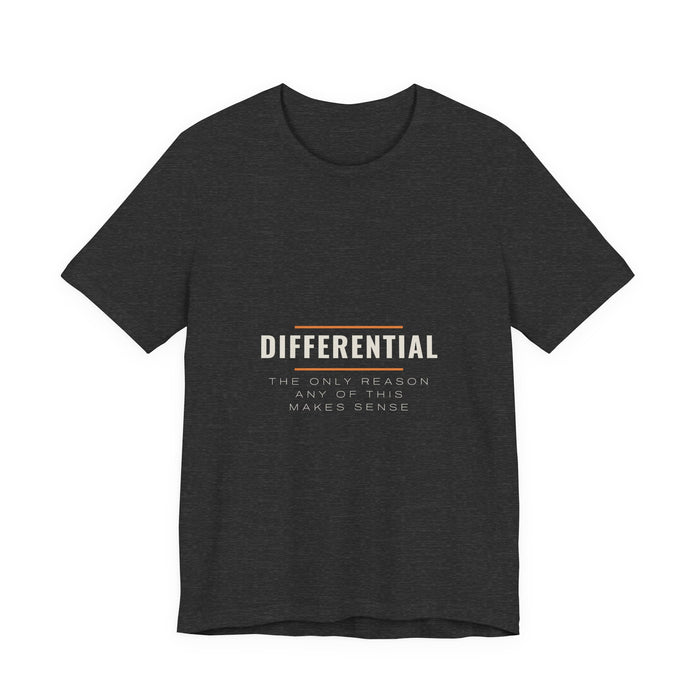 The Differential design printed on a dark grey heather unisex t-shirt.