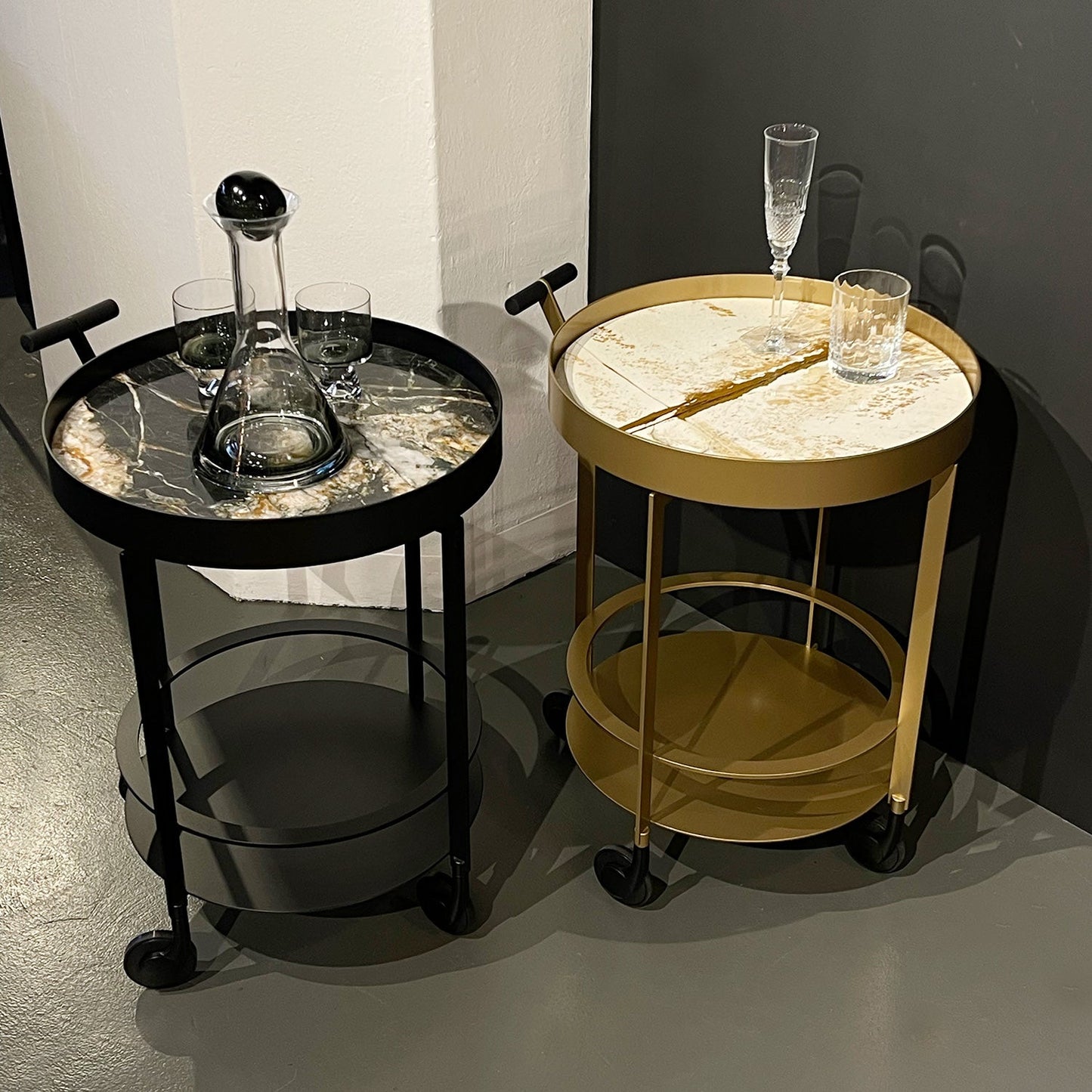 draenert | day bar trolley | breccia romana stone + gold frame