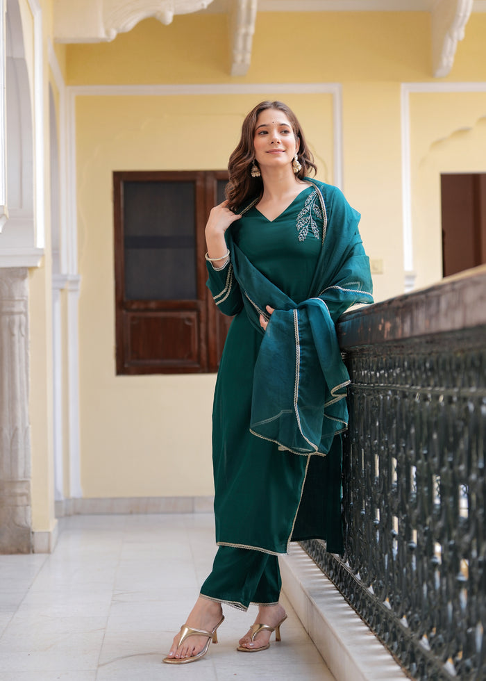 EMERALD GREEN SOLID SILK SUIT SET