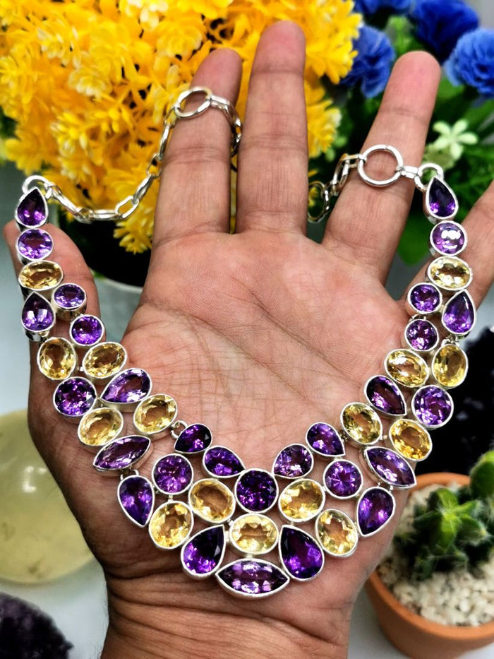 Exquisite Designer Amethyst Citrine Stone Necklace set in 925 Sterling Silver | Christmas gift | Mothers Day | Anniversary Gift | Birthday Gift | Wedding Gift | Amethyst Citrine Necklace - Shwasam