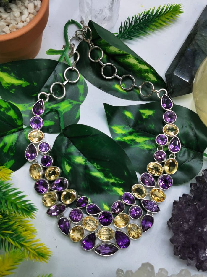 Exquisite Designer Amethyst Citrine Stone Necklace set in 925 Sterling Silver | Christmas gift | Mothers Day | Anniversary Gift | Birthday Gift | Wedding Gift | Amethyst Citrine Necklace - Shwasam