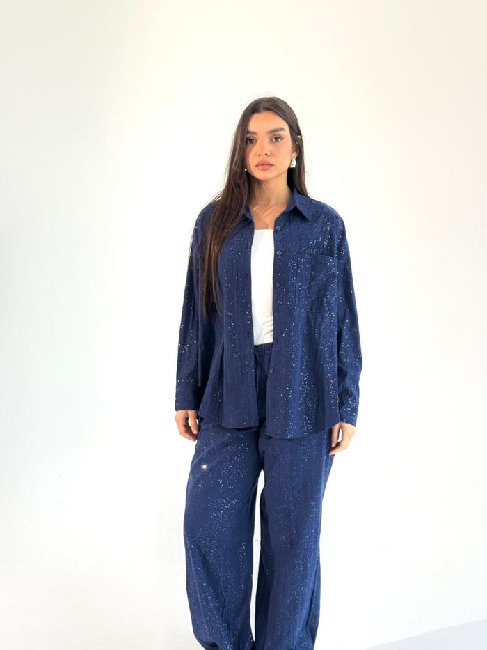 Galaxy Summer Set Embroidered Linen Set- Royal Blue