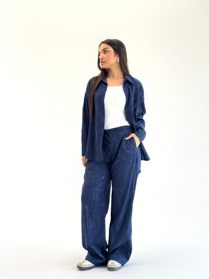 Galaxy Summer Set Embroidered Linen Set- Royal Blue