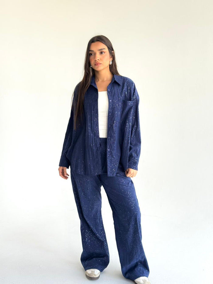 Galaxy Summer Set Embroidered Linen Set- Royal Blue