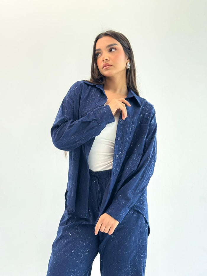 Galaxy Summer Set Embroidered Linen Set- Royal Blue