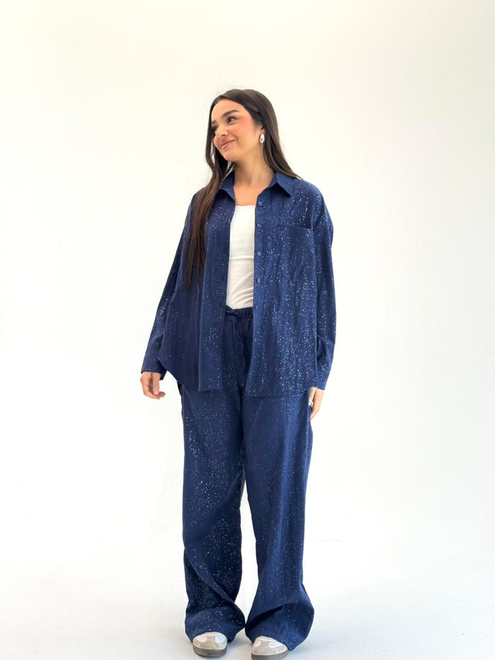 Galaxy Summer Set Embroidered Linen Set- Royal Blue