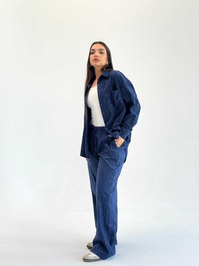 Galaxy Summer Set Embroidered Linen Set- Royal Blue