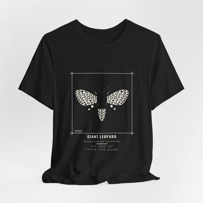 Black Giant Leopard t-shirt shown draped, front print visible.