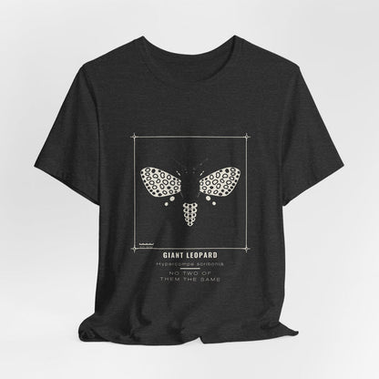 Dark grey heather Giant Leopard t-shirt shown draped, front print visible.