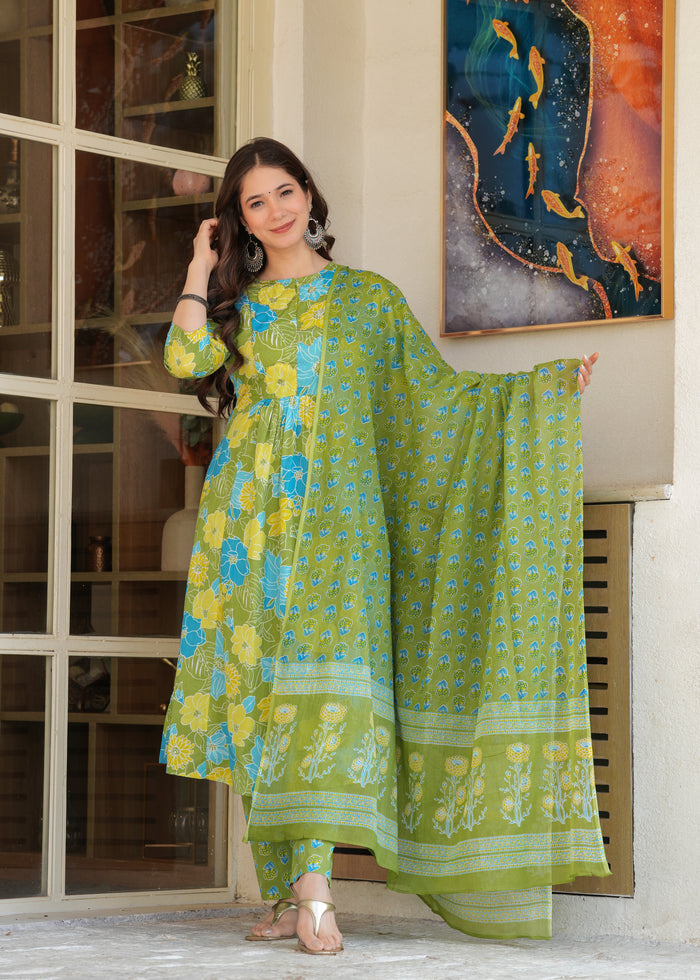 Green & Blue Floral Pleated Cotton Suit Set