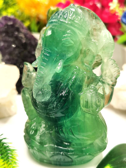 Green Fluorite Handmade Carving of Ganesh - Lord Ganesha Idol/Sculpture in Crystals and Gemstones - Shwasam
