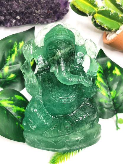 Green Fluorite Handmade Carving of Ganesh - Lord Ganesha Idol/Sculpture in Crystals and Gemstones