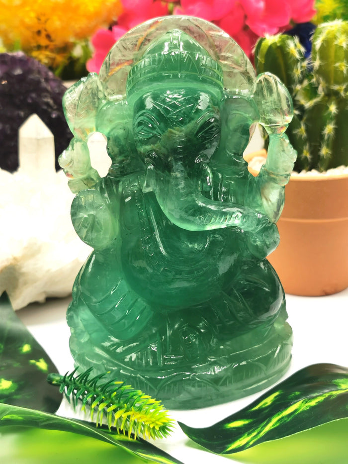 Green Fluorite Handmade Carving of Ganesh - Lord Ganesha Idol/Sculpture in Crystals and Gemstones