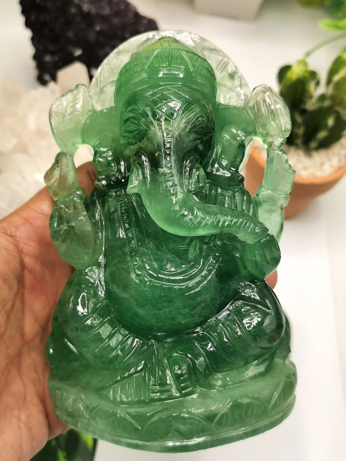 Green Fluorite Handmade Carving of Ganesh - Lord Ganesha Idol/Sculpture in Crystals and Gemstones