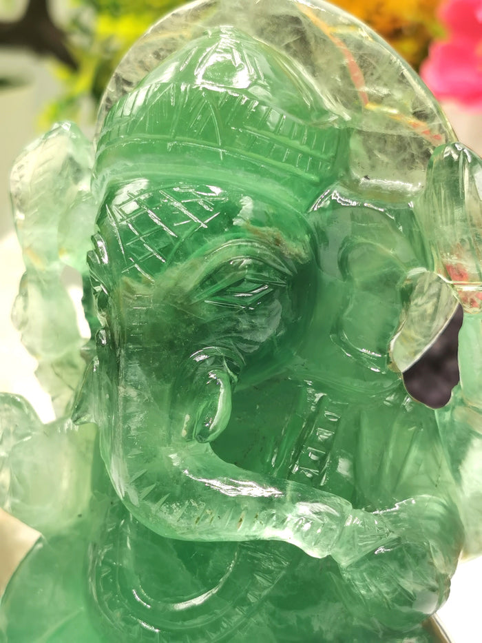 Green Fluorite Handmade Carving of Ganesh - Lord Ganesha Idol/Sculpture in Crystals and Gemstones