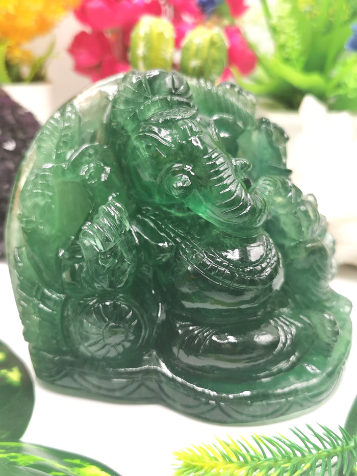 Green Fluorite Handmade Carving of Ganesh - Shwasam
