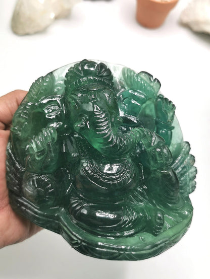 Green Fluorite Handmade Carving of Ganesh - Shwasam