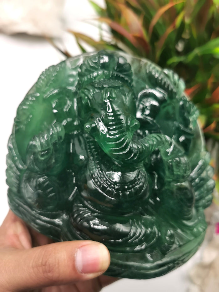 Green Fluorite Handmade Carving of Ganesh - Shwasam