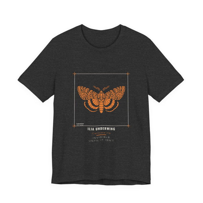The Ilia underwing moth specimen plate design printed on a dark grey heather unisex t-shirt.