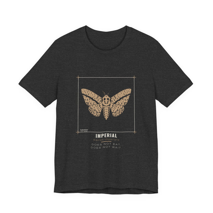 The Imperial moth specimen plate design printed on a dark grey heather unisex t-shirt.