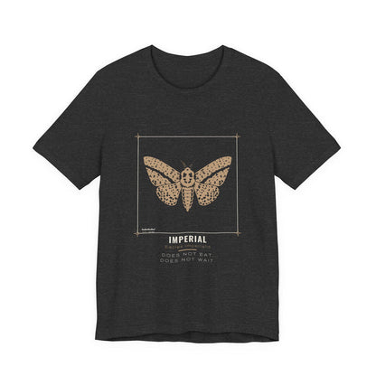 The Imperial moth specimen plate design printed on a dark grey heather unisex t-shirt.