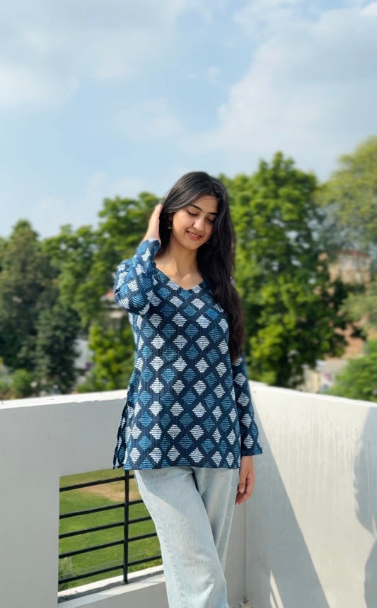 INDIGO FULL SLEEVES SHORT KURTI