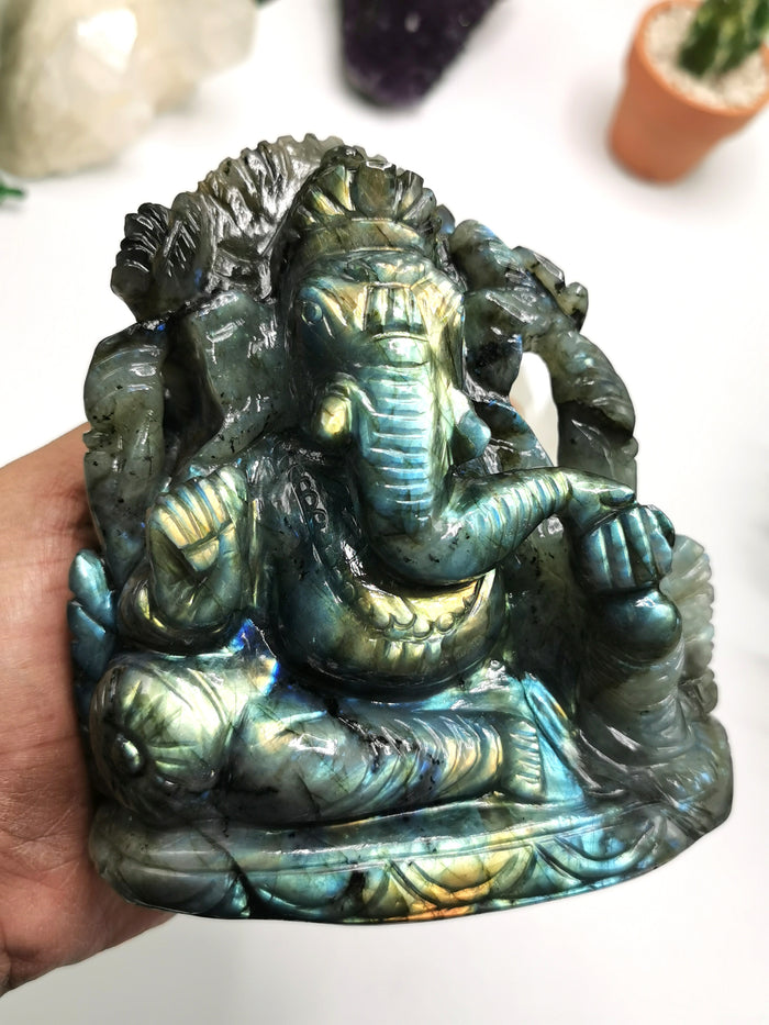 Labradorite Handmade Carving of Ganesh - Lord Ganesha Idol | Sculpture | Murti in Crystals and Gemstones - Shwasam