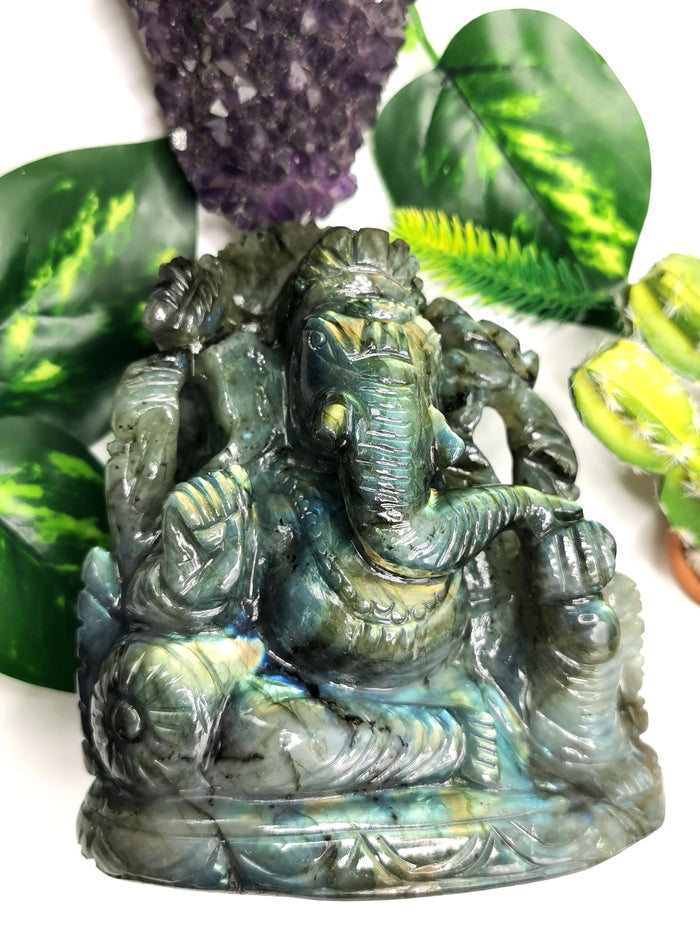 Labradorite Handmade Carving of Ganesh - Lord Ganesha Idol | Sculpture | Murti in Crystals and Gemstones - Shwasam