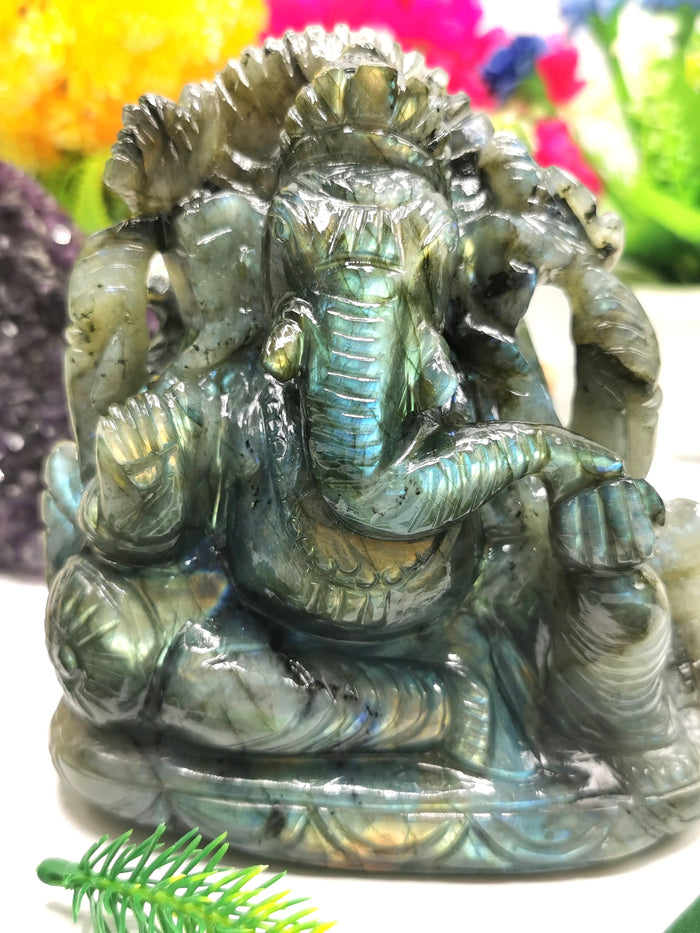 Labradorite Handmade Carving of Ganesh - Lord Ganesha Idol | Sculpture | Murti in Crystals and Gemstones - Shwasam