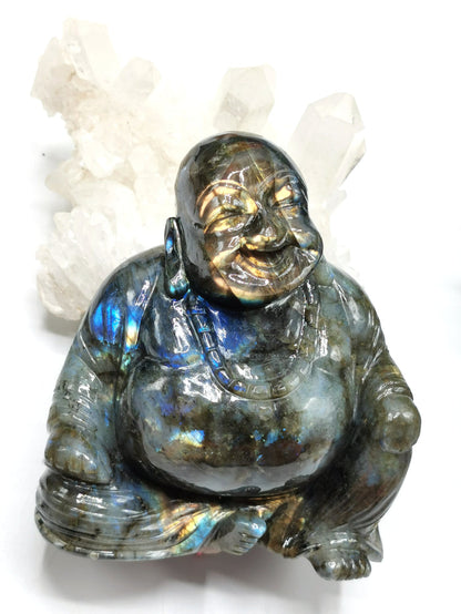 Labradorite Laughing Buddha Hotei - handmade carving of serene and smiling Buddha - Shwasam